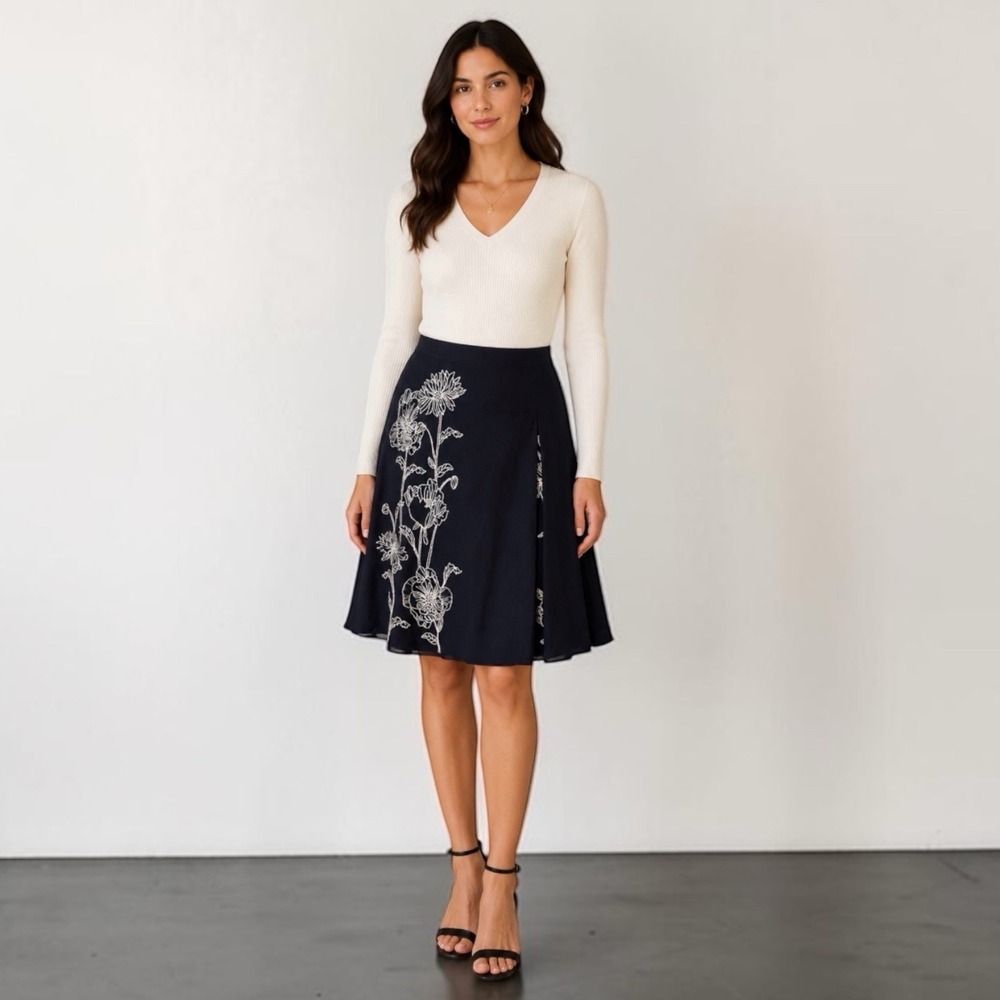 Carole Little Navy Blue‎ Linen Blend Floral Embroidered A-Line Skirt Womens 8